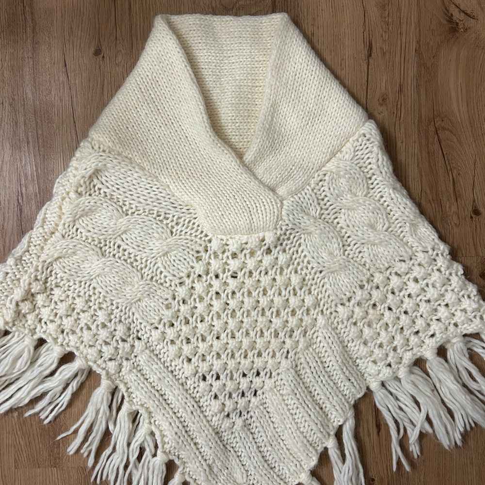 Cream Knit Poncho with Fringe